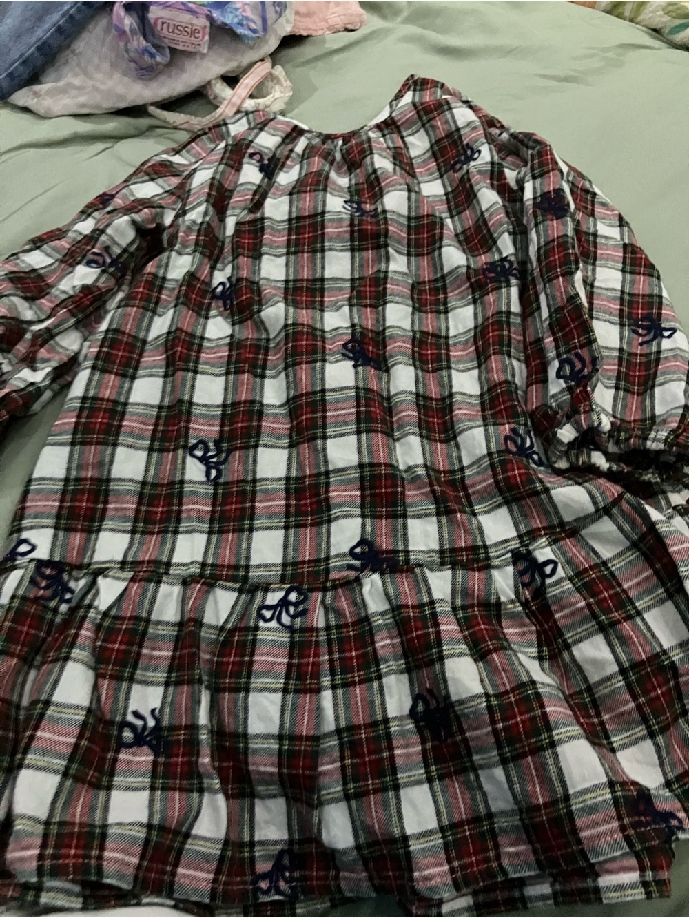 Primark Girls Plaid Nightgown in Red, White, Green with Navy Embroidery